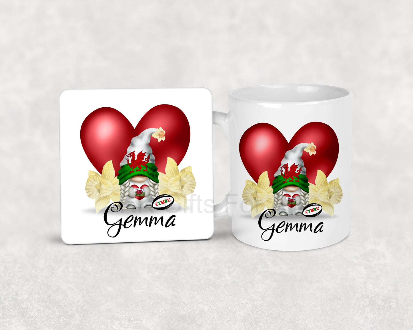 Welsh Gnome, Wales Gonk, St.Davids Day Coffee Mug & Coaster, Personalised Wales Gifts For Her, Gonk With Daffodil, Wales Forever, Custom Mug
