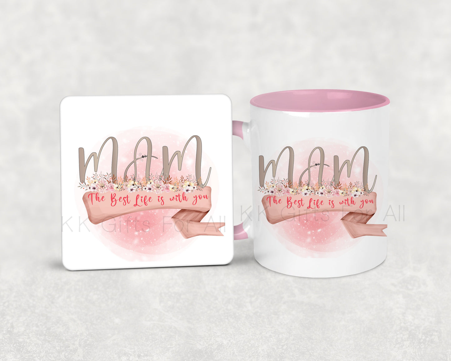 Mam The Best Life Is With You, Best Mam Mug & Coaster, Birthday Gift For Best Mam, Gifts For Mum, Thank You Mam, Pink Handle Mug, Appreciate