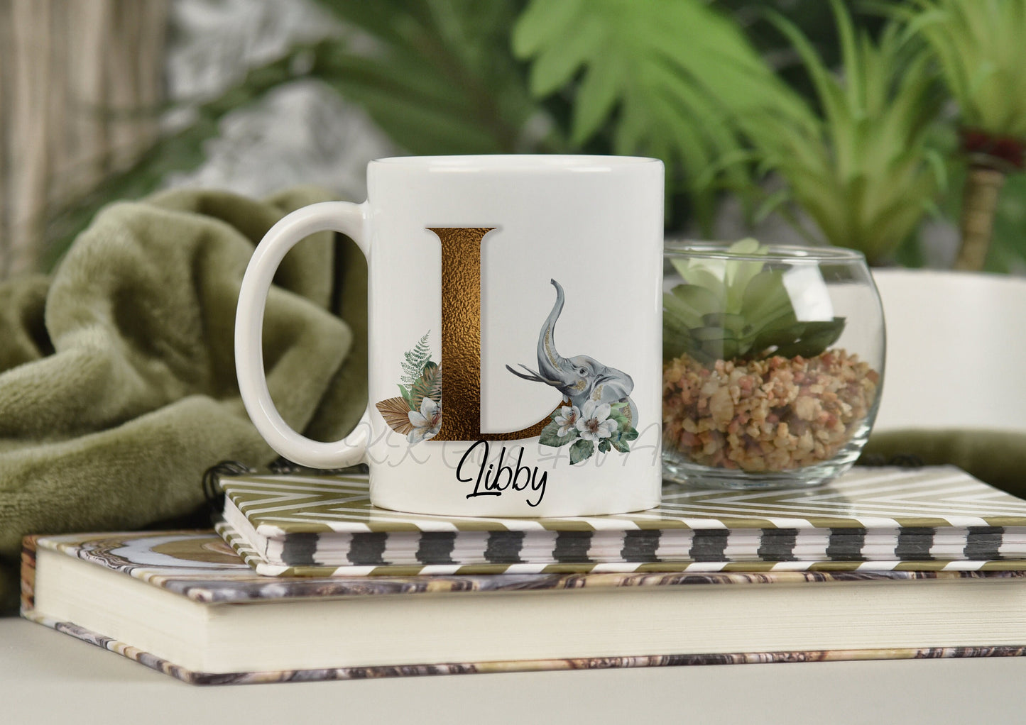 Initial Elephant, Personalised Gold Letter With Elephant, Matching Mug & Coaster, Gift For Wife, Birthday Ideas For Her, Custom Gift Ideas