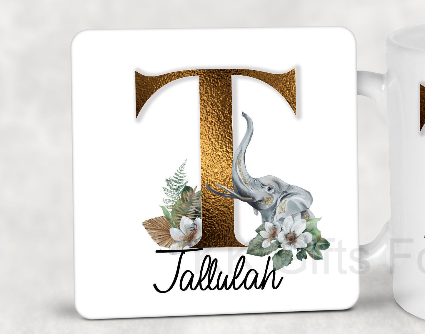 Initial Elephant, Personalised Gold Letter With Elephant, Matching Mug & Coaster, Gift For Wife, Birthday Ideas For Her, Custom Gift Ideas