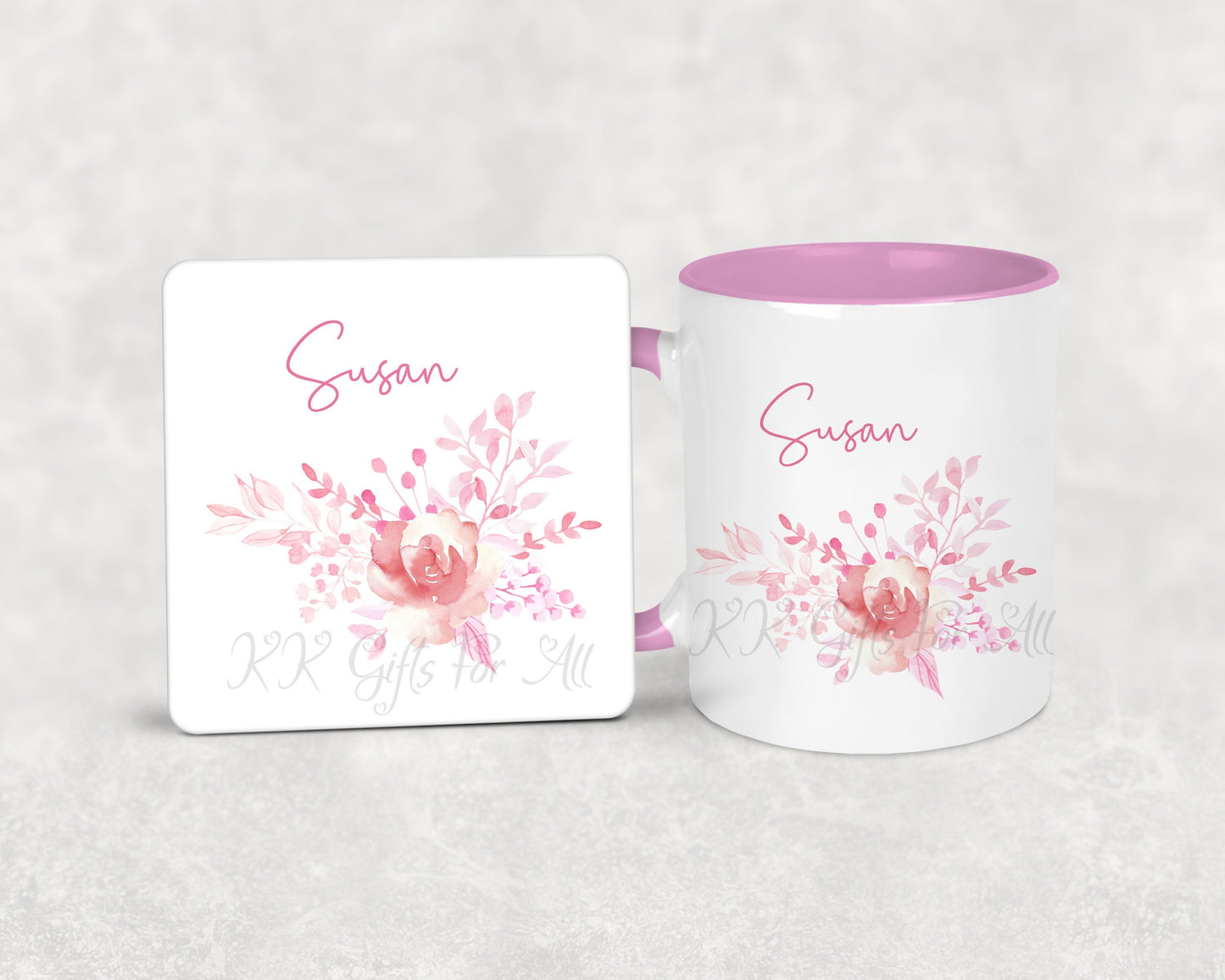 Personalised Mug And Coaster Gift, Gifts For Her, Best Friends Birthday Gift, Pink Girl Mug, Custom Gift Set For Co-Worker, Pink Floral Rose