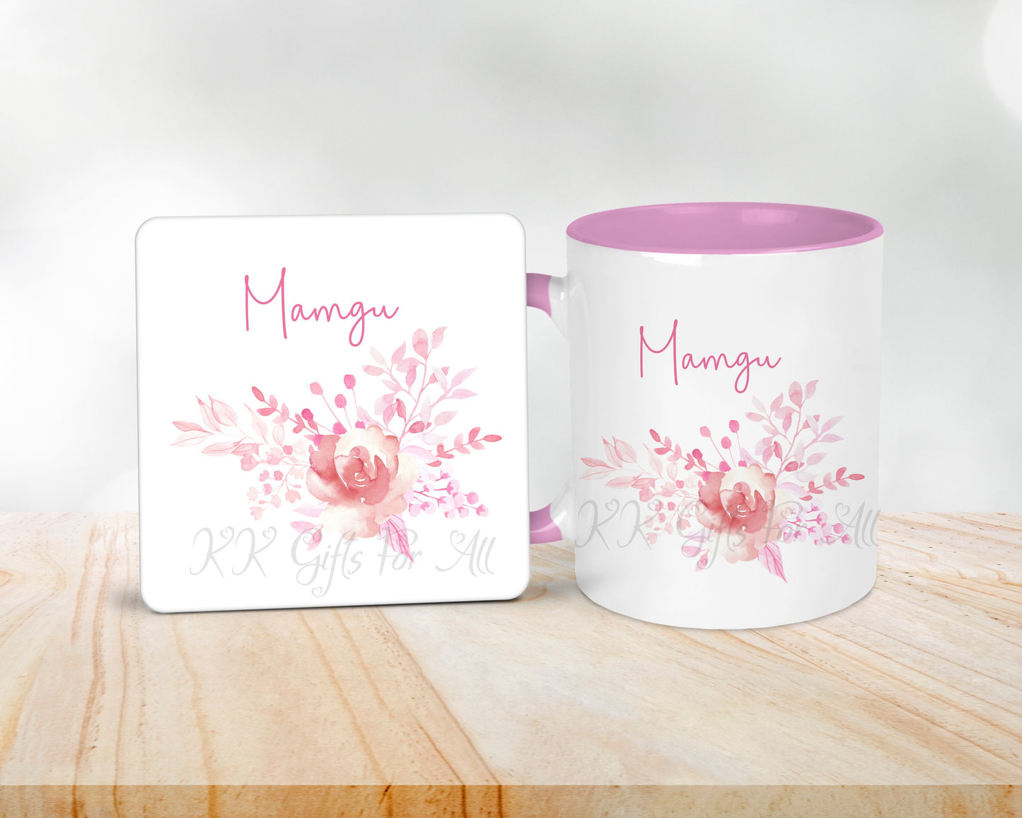 Personalised Mug And Coaster Gift, Gifts For Her, Best Friends Birthday Gift, Pink Girl Mug, Custom Gift Set For Co-Worker, Pink Floral Rose
