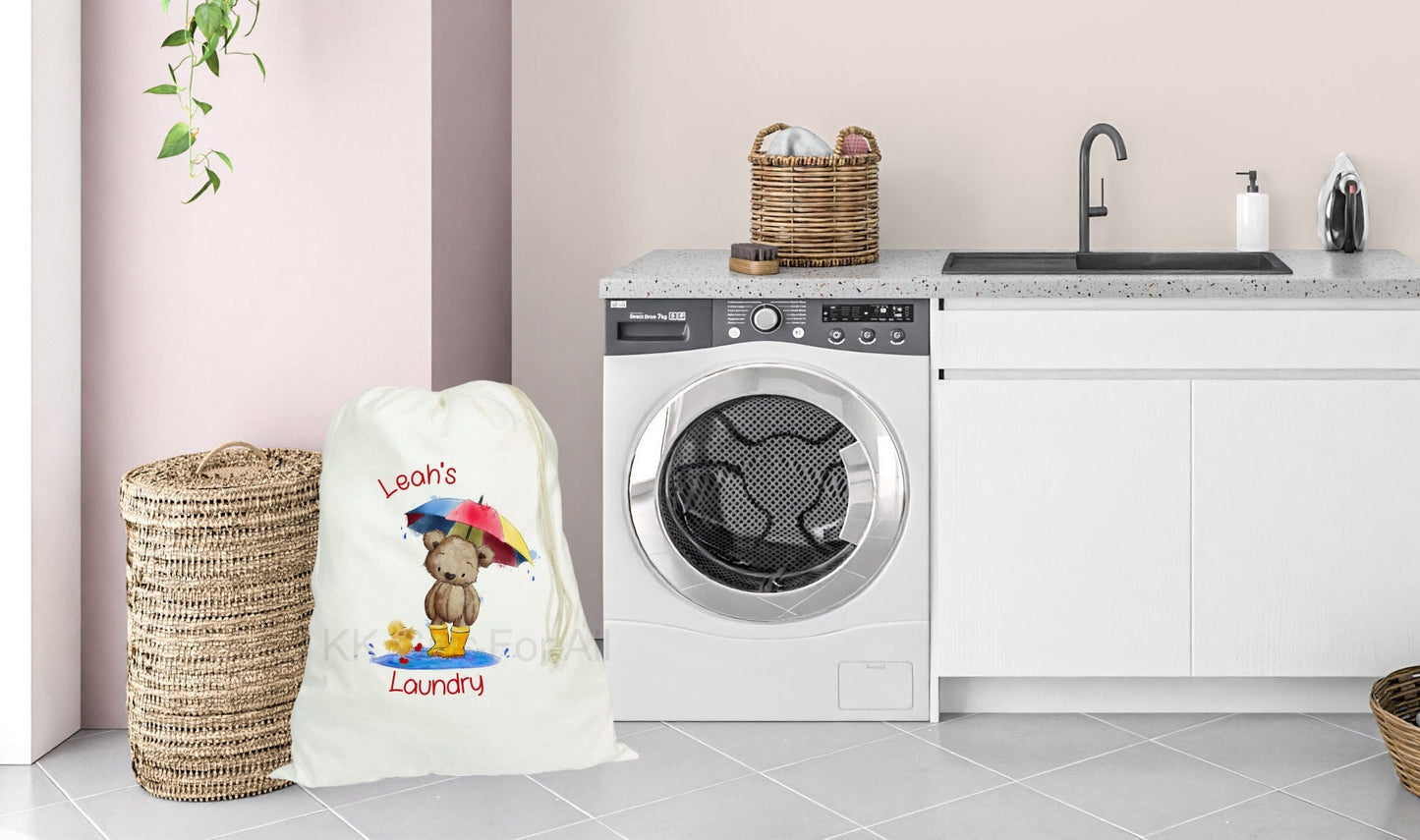 Personalised Children Laundry Bag, Cute Brown Bear Rainbow Umbrella In A Puddle, Large Washing Bag, Dirty Clothes