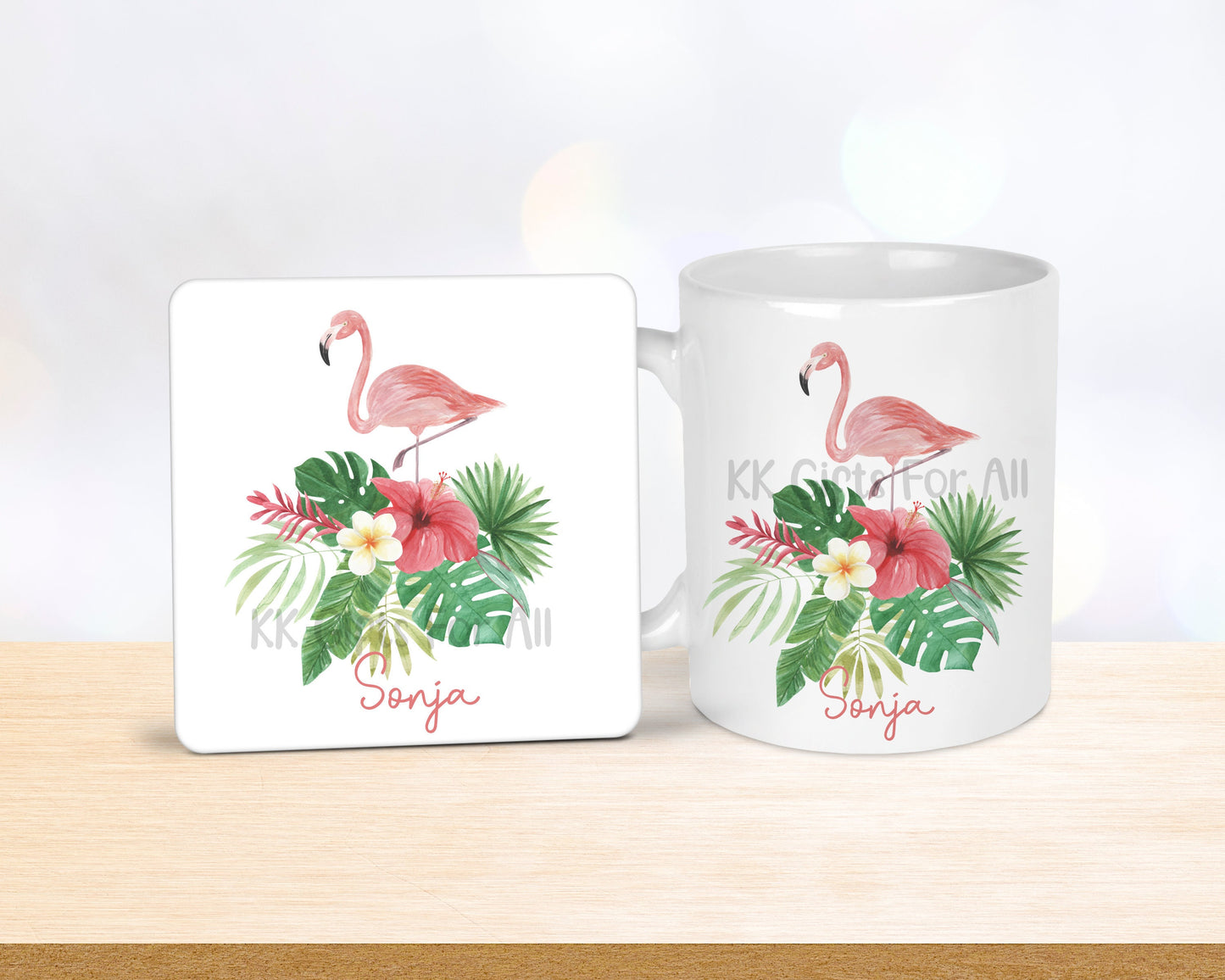 Tropical Theme Pink Flamingo, Personalised Mug & Coaster Flamingo Gifts