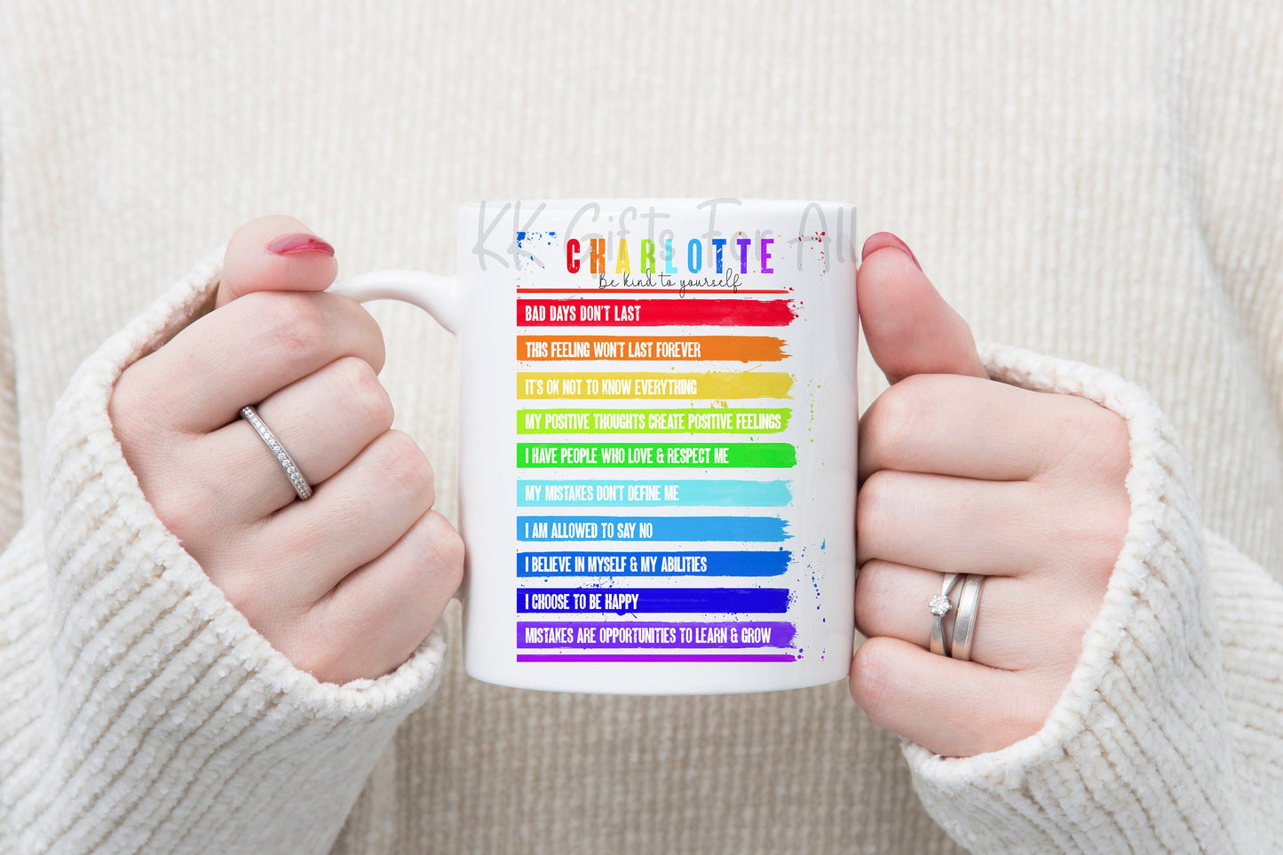 Personalised Multi Colour Positivity Mug & Coaster, Rainbow Bright Positivity Mug