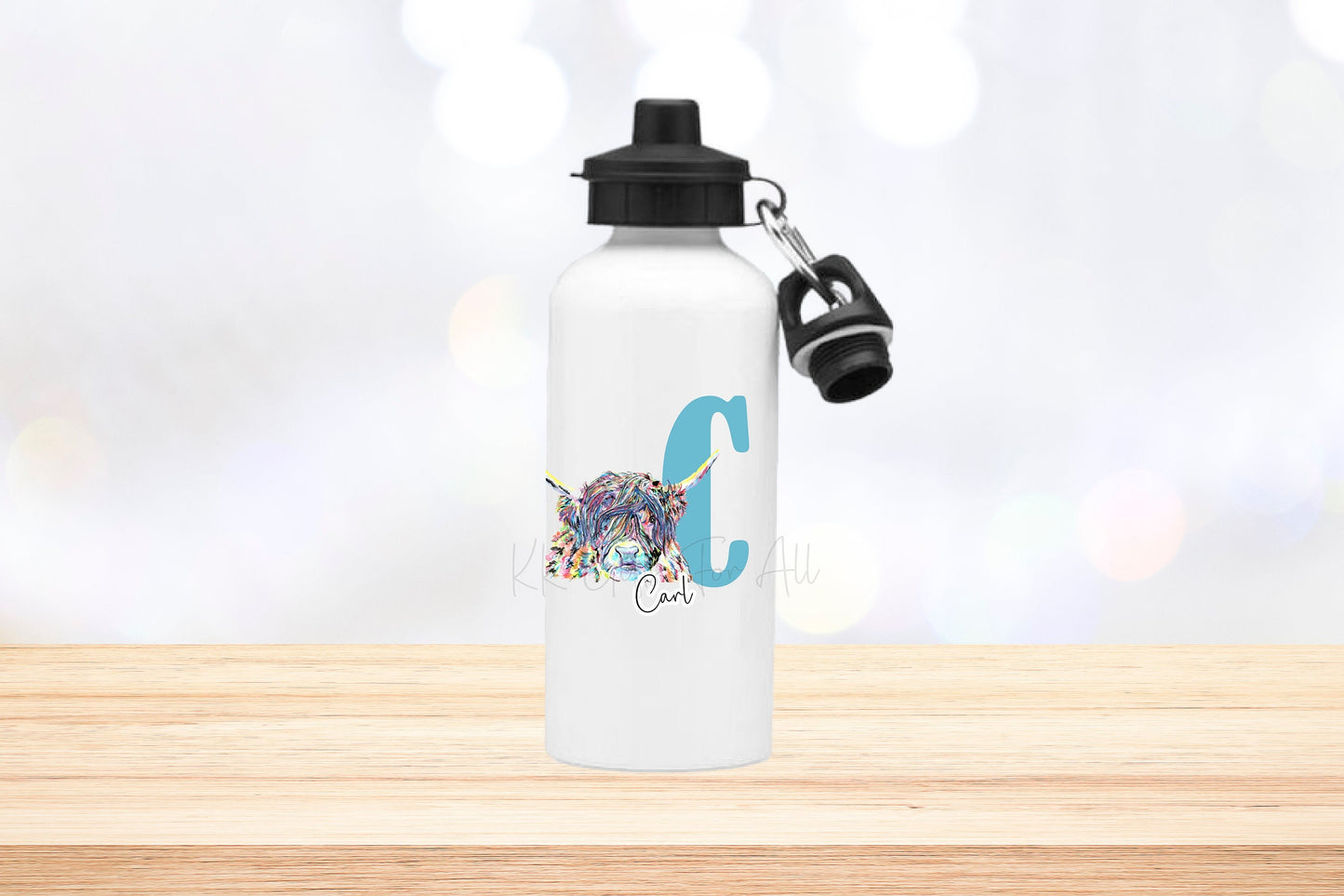 Personalised Highland Cow Initial Water Bottle, 600ML Aluminium Drink Bottle
