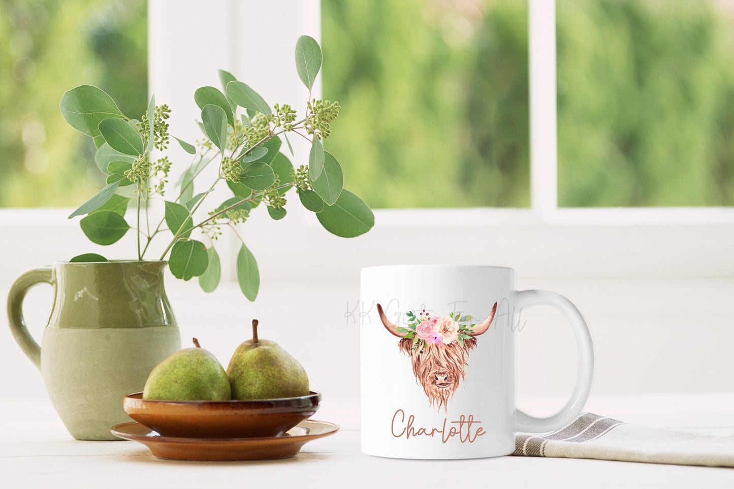 Personalised Highland Cow Mug, Brown Floral Highland Cattle Gifts, Mug For Women Mum Nan Sister Friend
