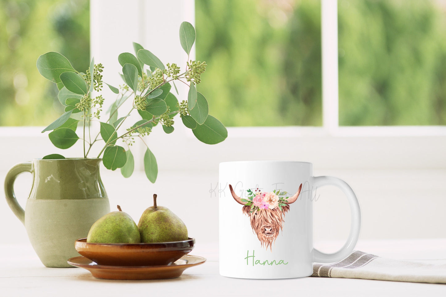 Personalised Highland Cow Mug, Brown Floral Highland Cattle Gifts, Mug For Women Mum Nan Sister Friend