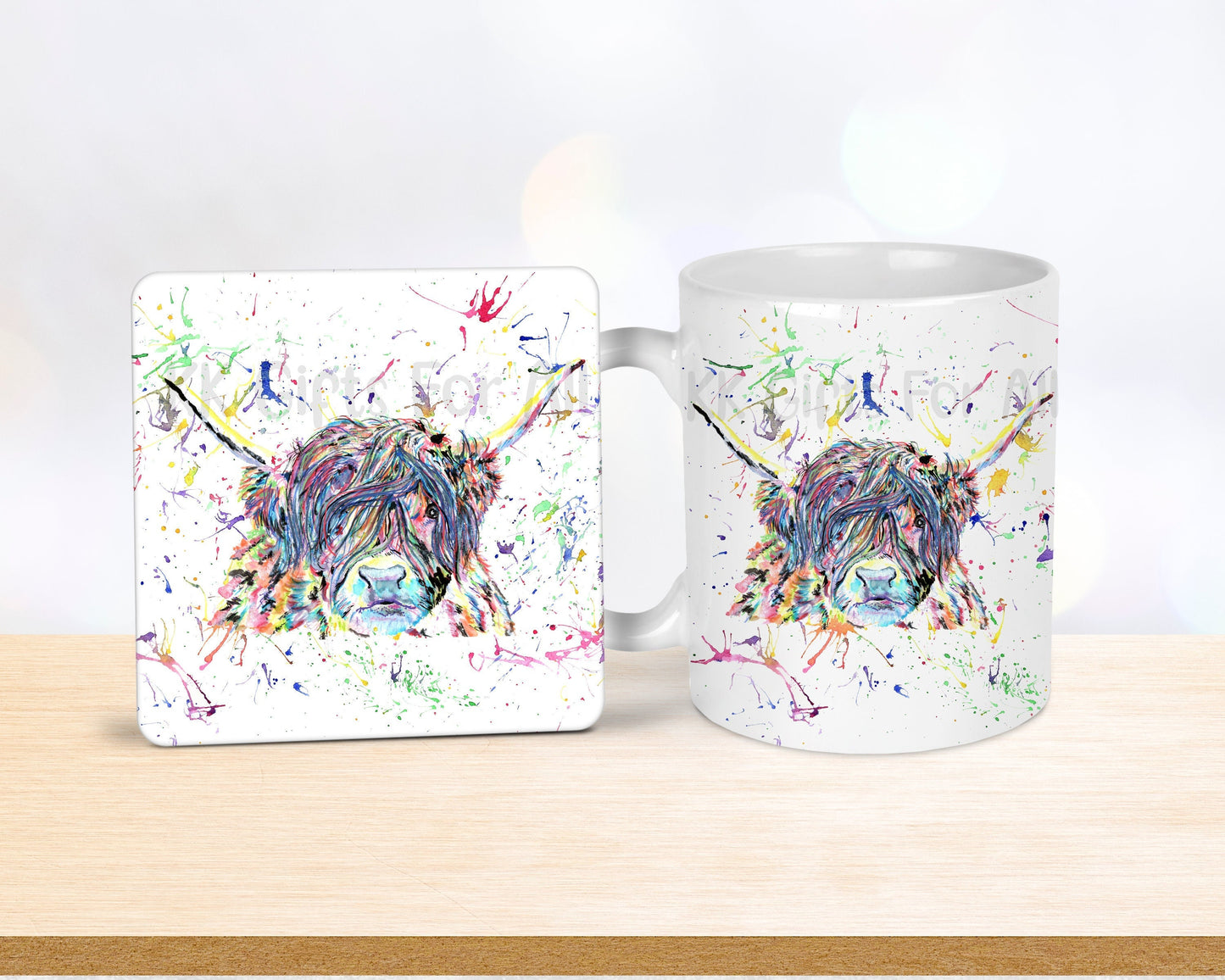 Rainbow Highland Cow Mug & Coaster, Birthday Gift For Her, Anniversary Gift, Cute Highland Cow, Multi Colour, Custom Gift, Personalised Gift