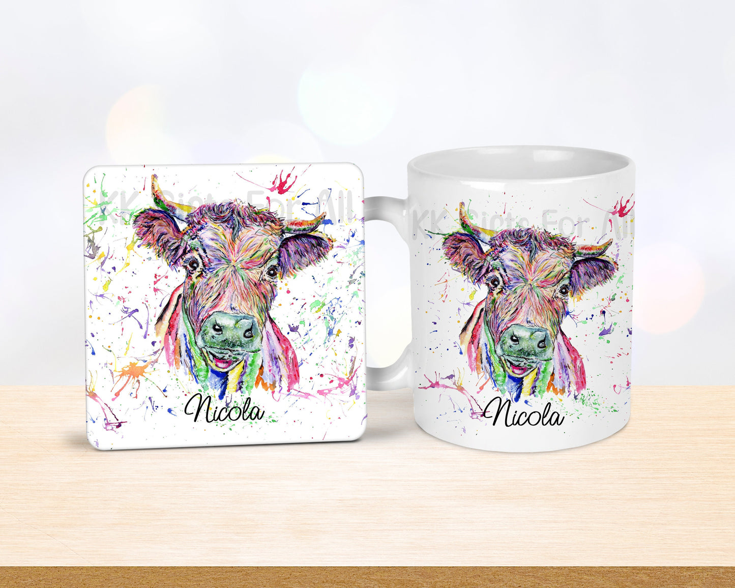 Rainbow Cow Mug Coaster Gift For Friend Cow Farmer Mug & Coaster Personalised Gift