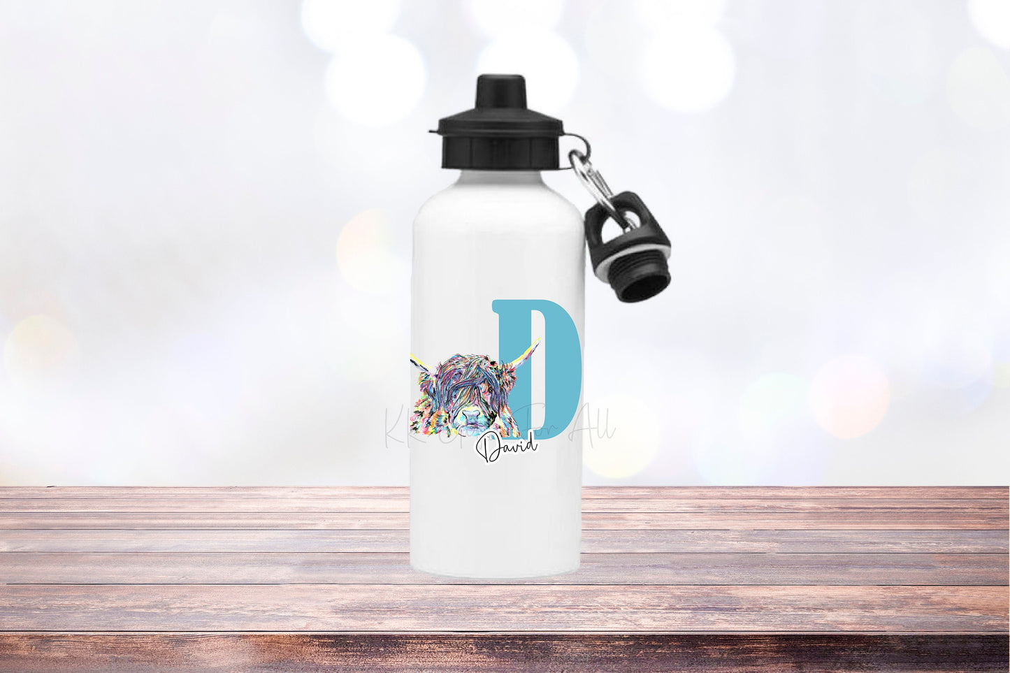 Personalised Highland Cow Initial Water Bottle, 600ML Aluminium Drink Bottle
