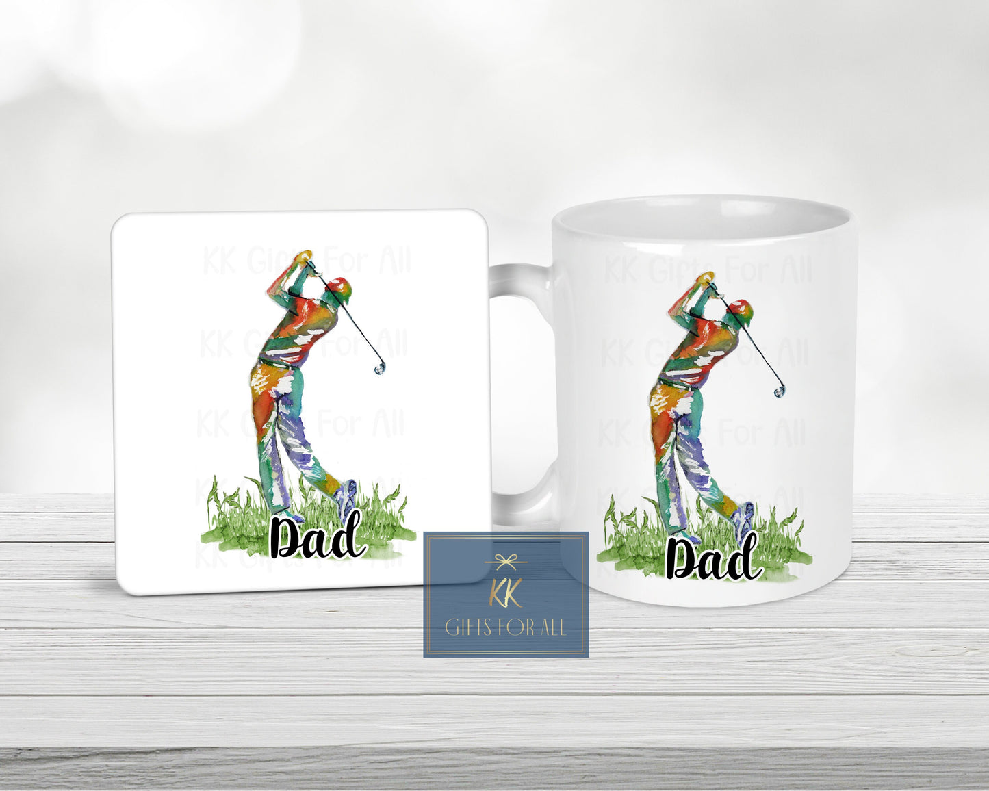 Male Golf Lover Gift, Personalised Golfing Gift, Dad's Birthday Gift, Gifts For Him, Mug And Coaster Gift Set, Watercolour Rainbow Golf Gift