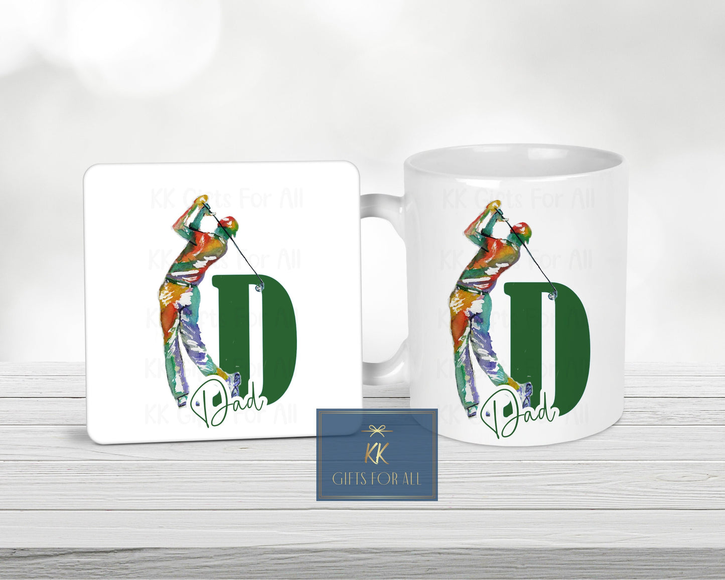 Name & Initial Golfer Gift, Birthday Gift, Anniversary Gift For Him, Personalised Golf Mug, Watercolour Golfer, Green Initial, Gift For Male