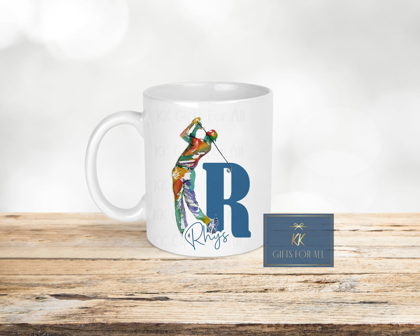 Personalised Golfer Gift, Birthday Gift, Anniversary Gift For Him, Blue Initial, Mug And Coaster, Watercolour Golfer, Initial, Gift For Male