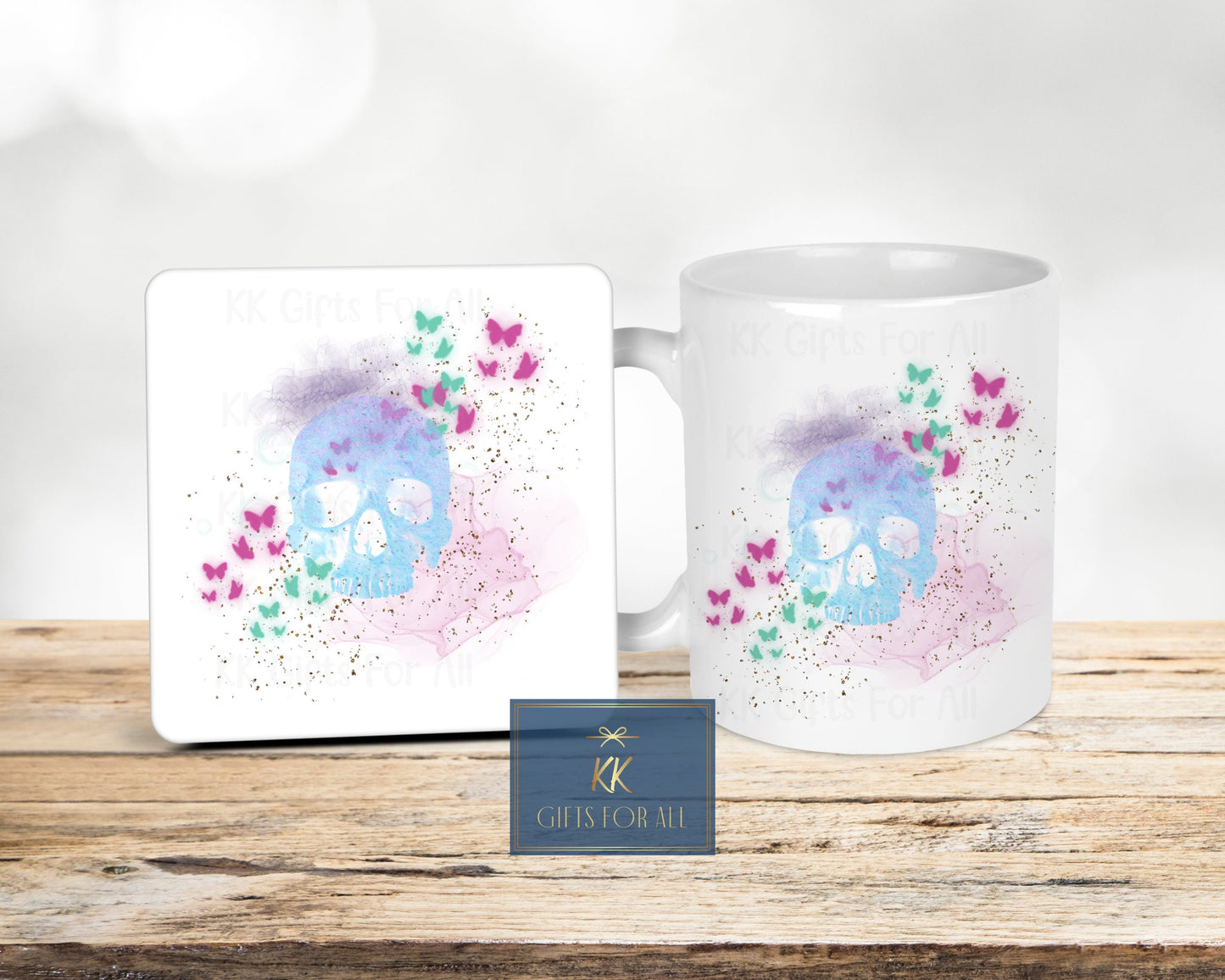 Watercolour Skull, Personalised Pastel Skull, Blue Pink & Green Skull And Butterflies, Birthday Gift For Her, Mug And Coaster, Custom Gifts