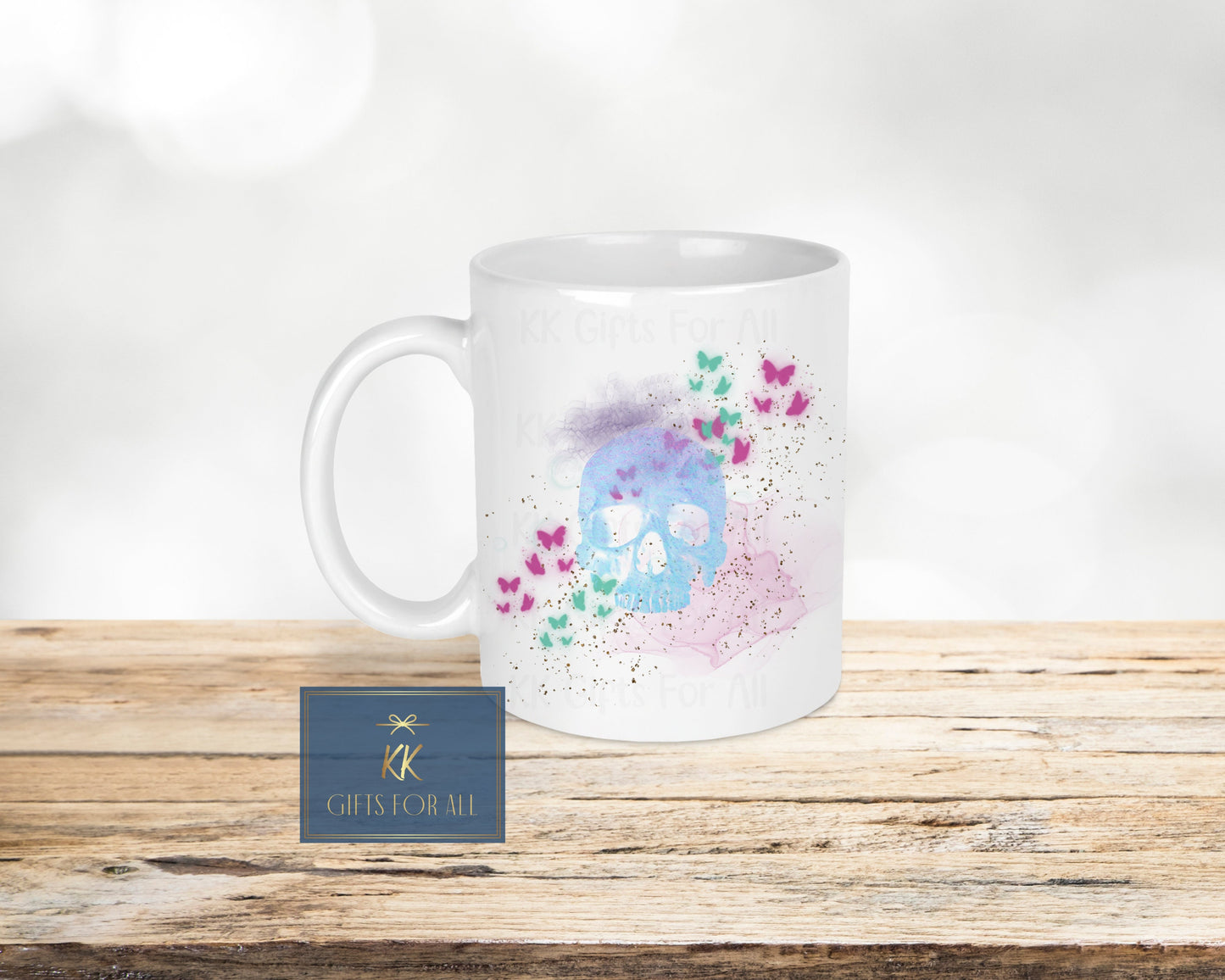 Watercolour Skull, Personalised Pastel Skull, Blue Pink & Green Skull And Butterflies, Birthday Gift For Her, Mug And Coaster, Custom Gifts