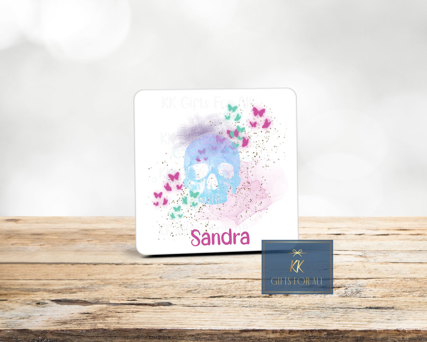 Watercolour Skull, Personalised Pastel Skull, Blue Pink & Green Skull And Butterflies, Birthday Gift For Her, Mug And Coaster, Custom Gifts