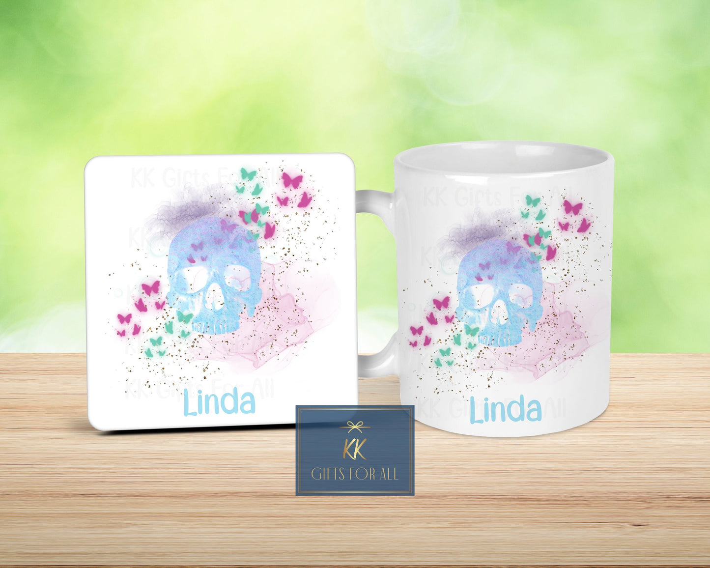 Watercolour Skull, Personalised Pastel Skull, Blue Pink & Green Skull And Butterflies, Birthday Gift For Her, Mug And Coaster, Custom Gifts