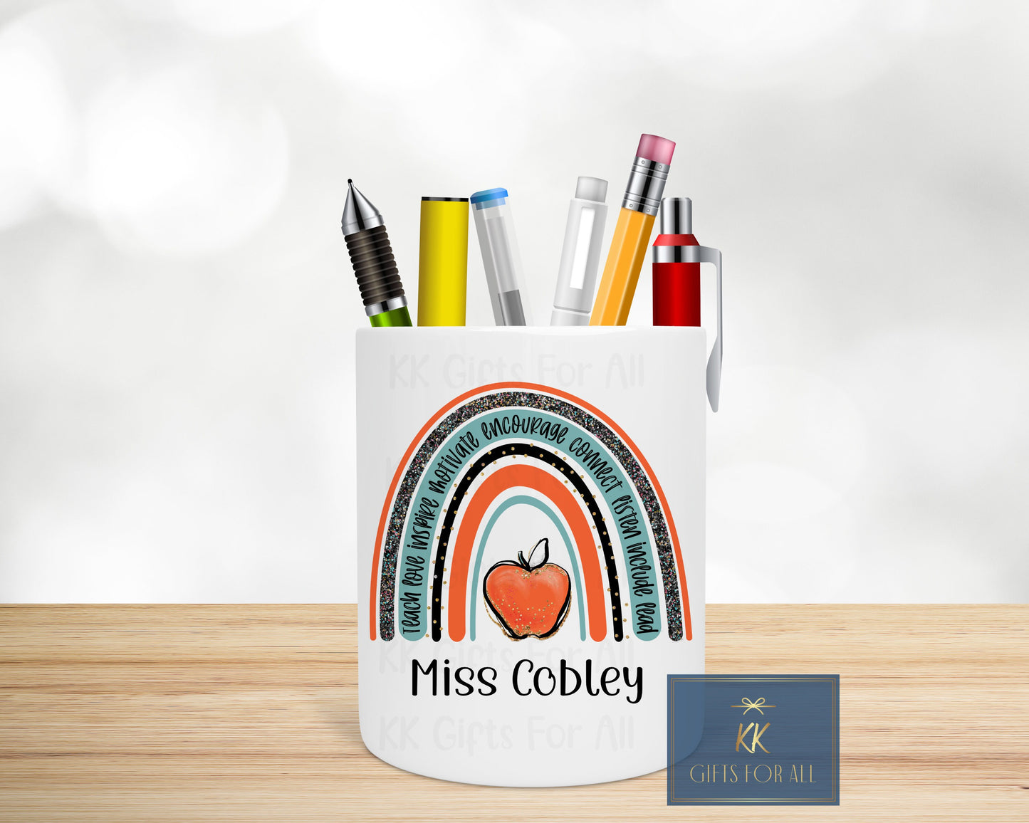 Personalised Teacher Pencil Pot, Desk Tidy, Teacher Gift, Thank You Miss, Rainbow Design Teacher Pen Pot, Teacher Appreciation, End Of Term