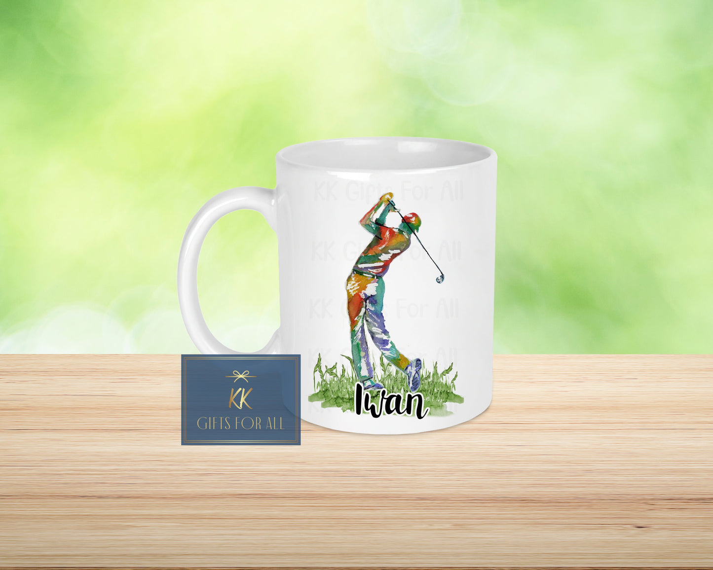 Male Golf Lover Gift, Personalised Golfing Gift, Dad's Birthday Gift, Gifts For Him, Mug And Coaster Gift Set, Watercolour Rainbow Golf Gift