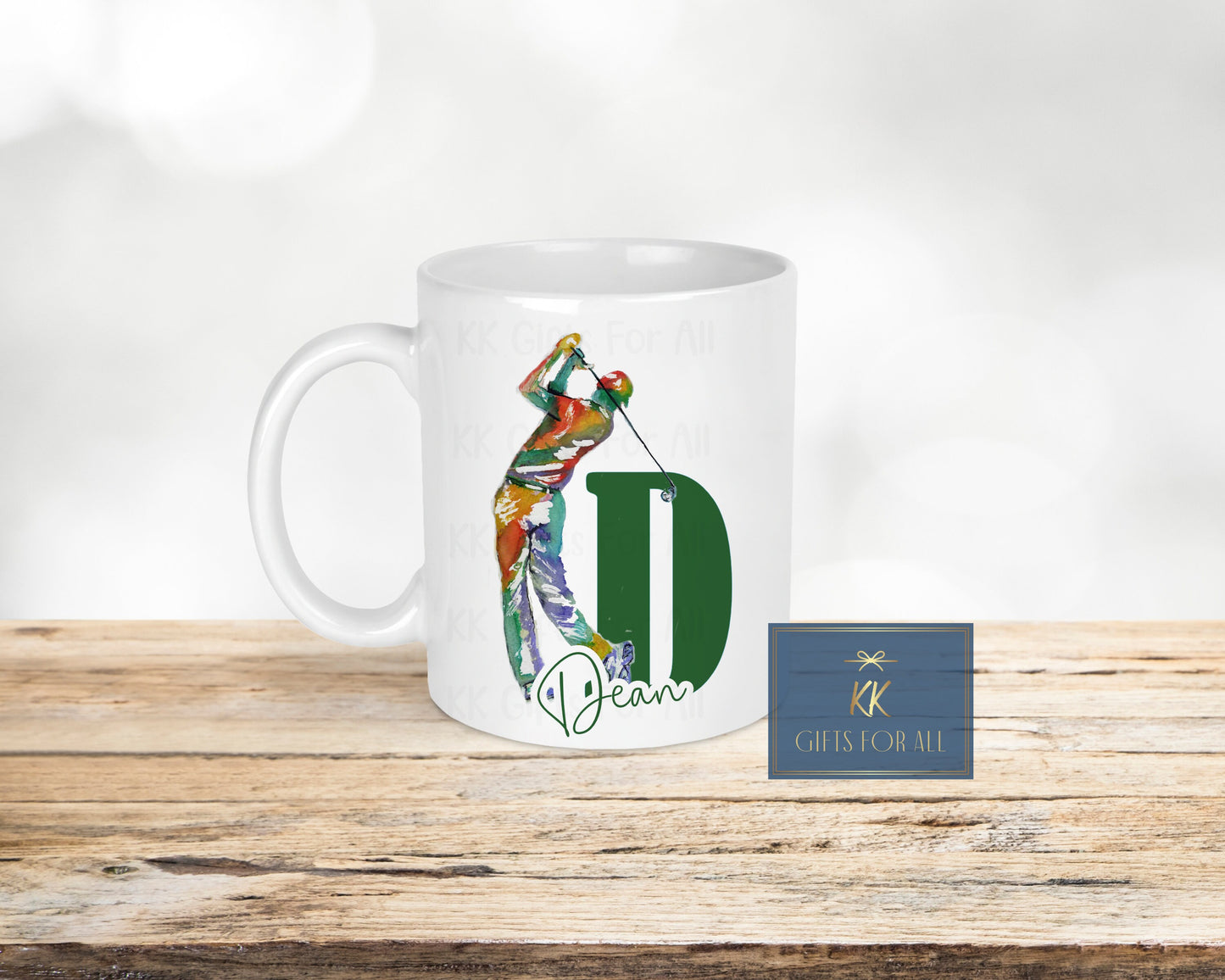 Name & Initial Golfer Gift, Birthday Gift, Anniversary Gift For Him, Personalised Golf Mug, Watercolour Golfer, Green Initial, Gift For Male
