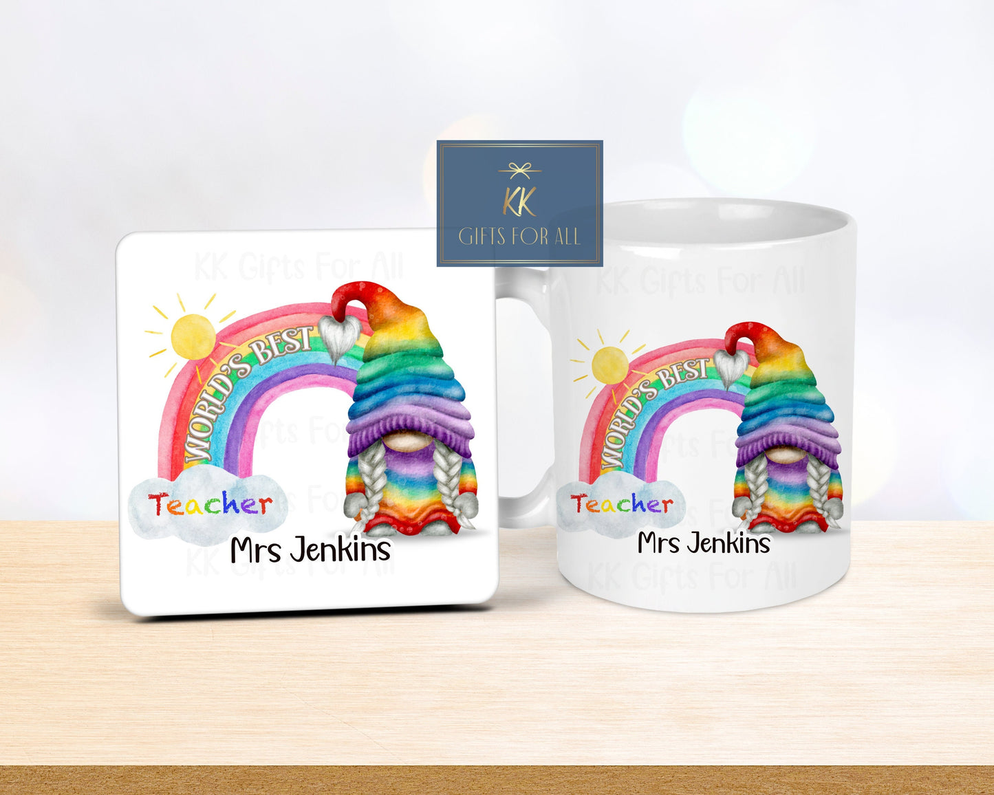 Best Teacher Gonk Mug, Personalised Teacher Gift, Teacher Gnome, Rainbow Gonk Teacher, End Of Term, Mug & Coaster Gift, Teacher Appreciation
