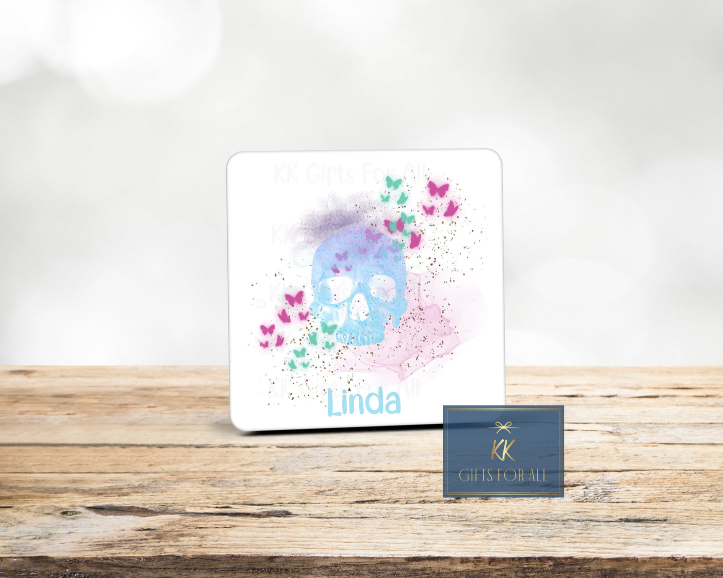 Watercolour Skull, Personalised Pastel Skull, Blue Pink & Green Skull And Butterflies, Birthday Gift For Her, Mug And Coaster, Custom Gifts