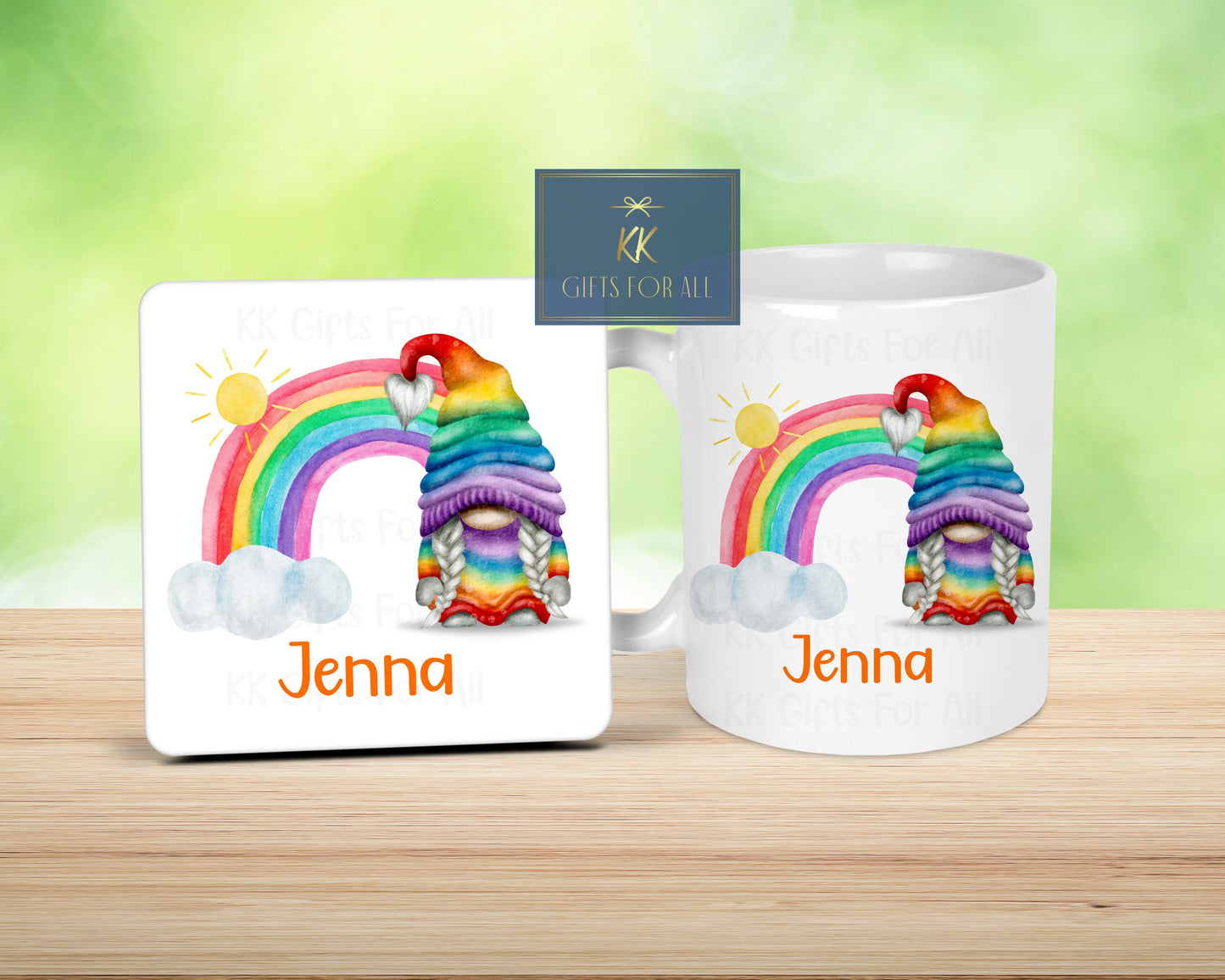 Rainbow Gnome, Birthday Gift, Anniversary Gift Wife, Personalised Gonk Gift, Gnome Gonk Office Mug, Mug And Coaster Gift Set, Custom Gifts