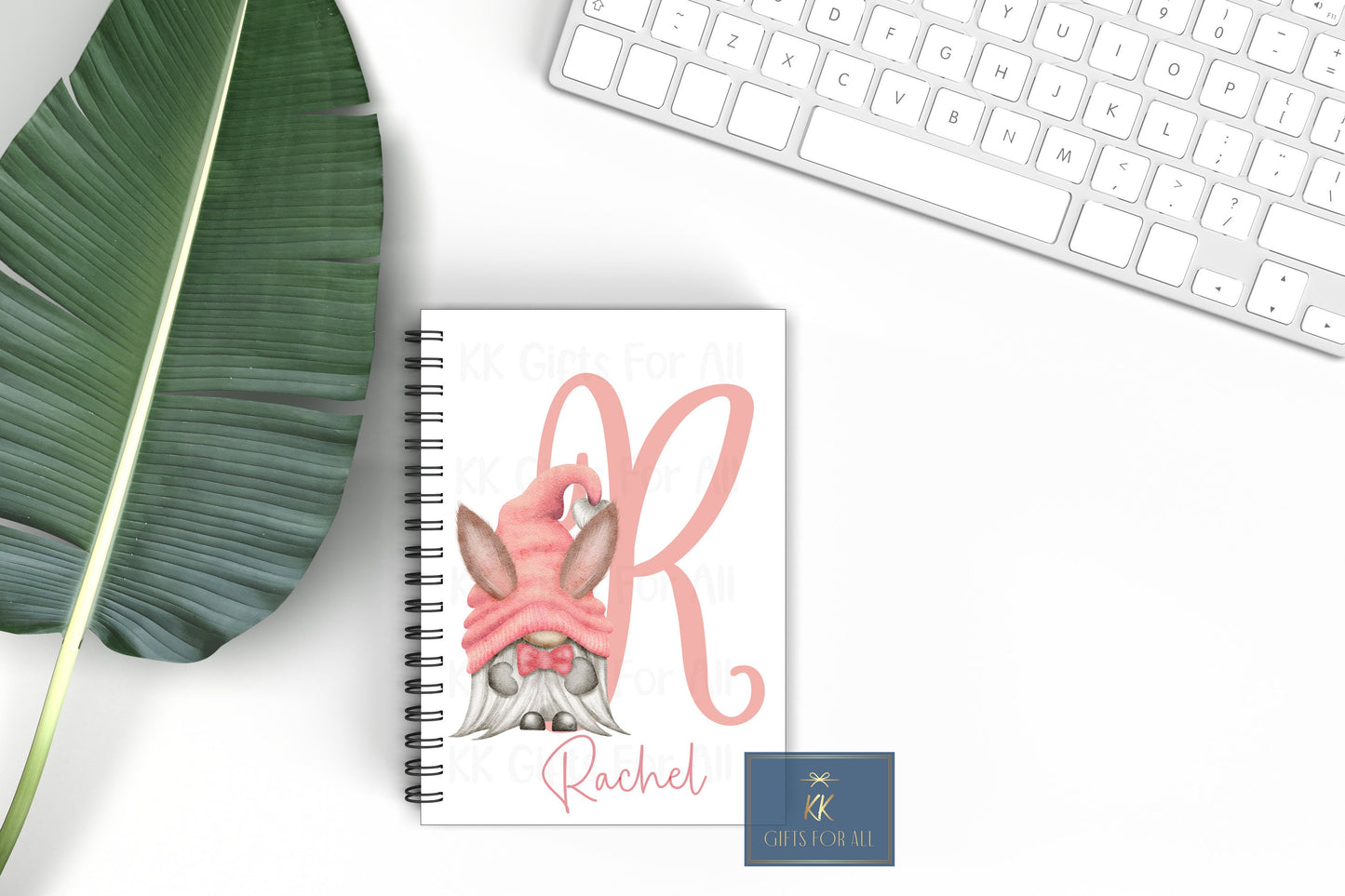 Personalised Gnome Notebook, Gift For Mum Or Friend, Birthday Gift For Her, Personalised Notepad, A5 Lined Notes, Pink Grey Bunny Gonk Gnome
