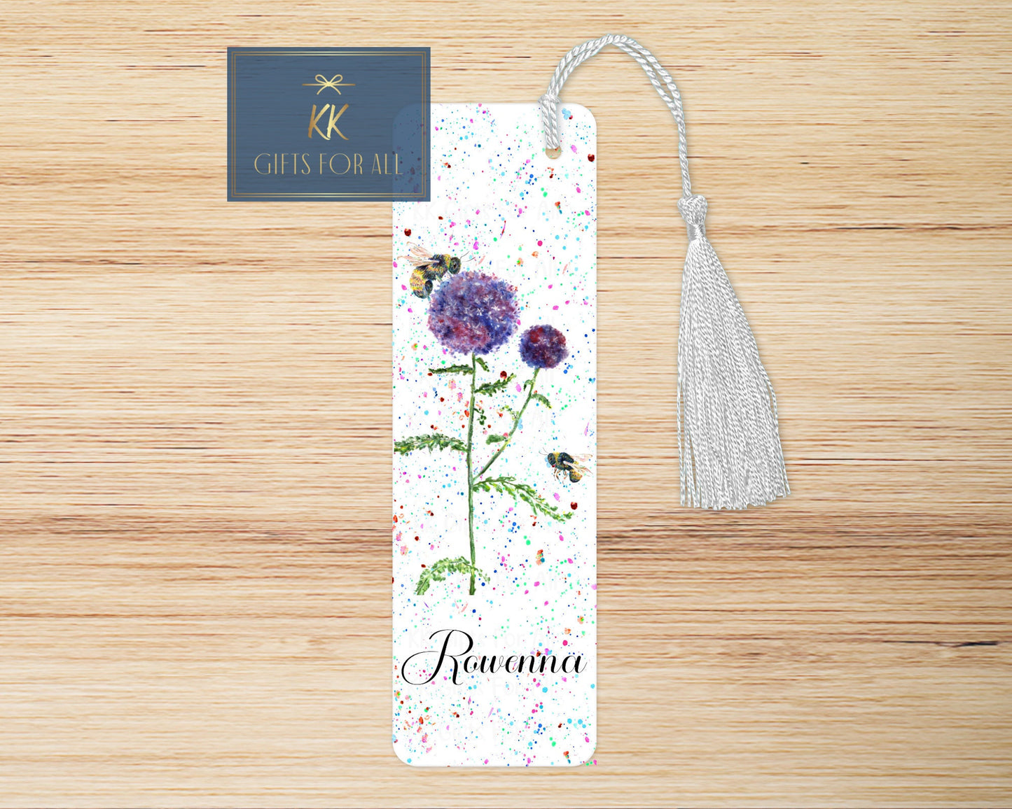 Personalised Bee Thistle Bookmark, Bee Aluminium Marker, Reading Lover Gift, Globe Thistle Flower And Bee