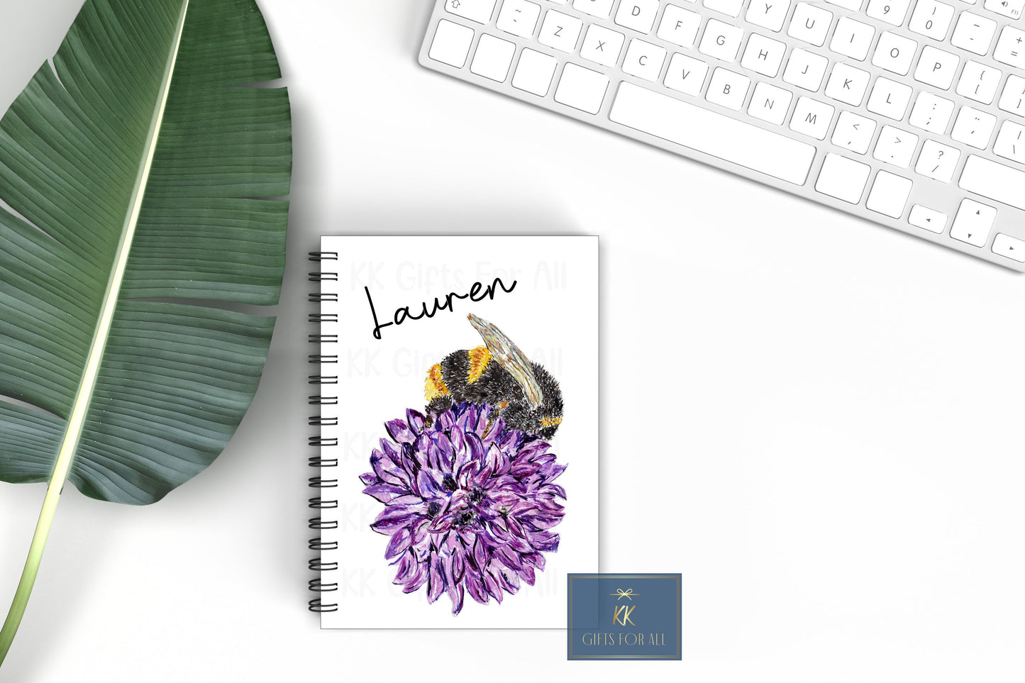 Personalised Watercolour Bee On Purple Chive A5 Notebook, Thank You Gift For Nature Lover Bee Keeper