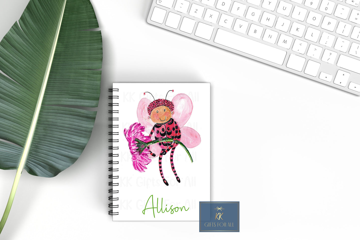 Cute Bug Personalised Notebook, Gift For Mum Or Friend, Birthday Gift For Her, Personalised Notepad Girl, A5 Notes, Pink Ladybug With Flower
