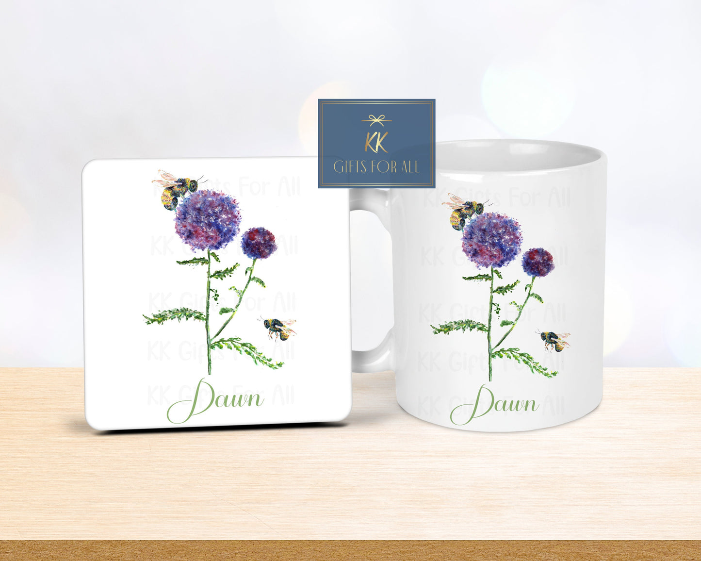 Personalised Thistle Bee Mug & Coaster, Gardener Gift, Bee Lover Gift
