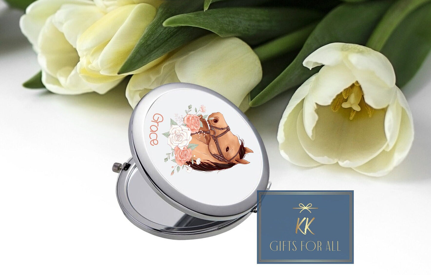Personalised Compact Mirror, Gift For Her, Bridesmaid Gift, Thank you Gift, Gift For Best Friend, Round Mirror, Horse Lover Gift, Young Girl