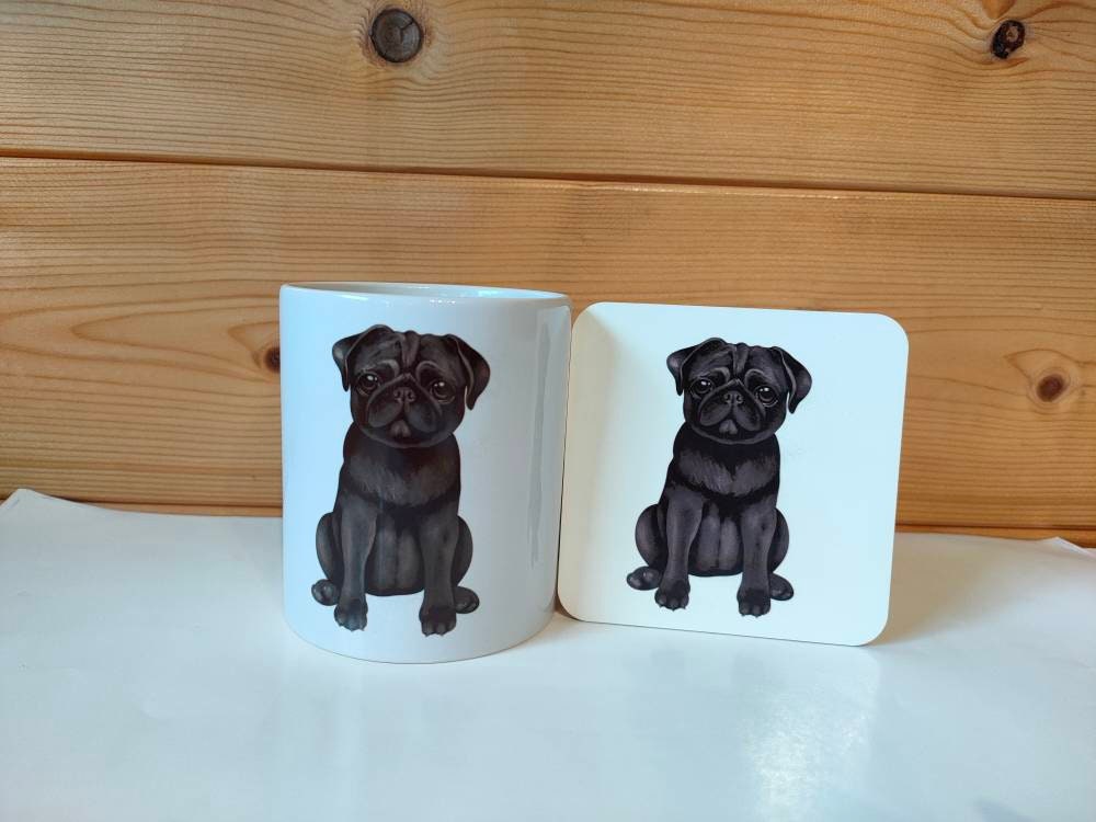 Black Pug Mug & Coaster, Birthday Gift For Her, Gifts For Him, Personalised Cute Pug Mug, Pug Owner Gift, Black Pug Puppy, Custom Gifts, Dog