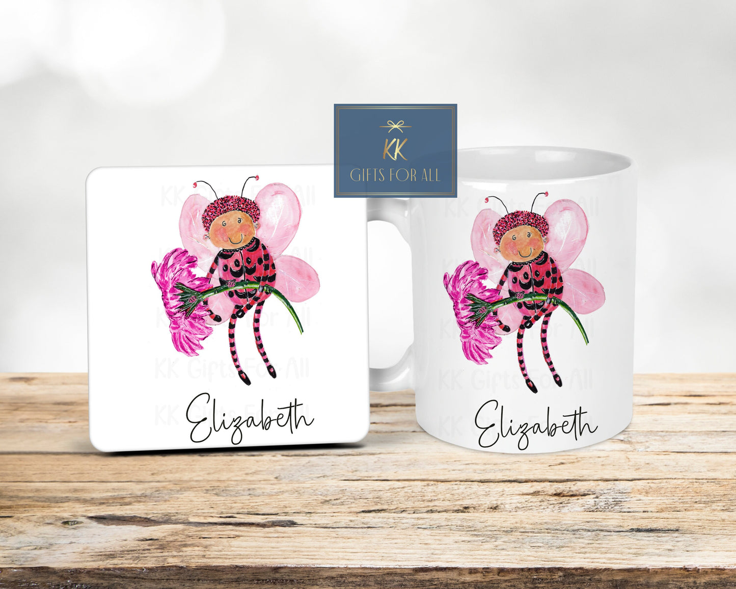 Lady Bug Personalised Mug & Coaster, Gifts For Young Girl, Bug Flower