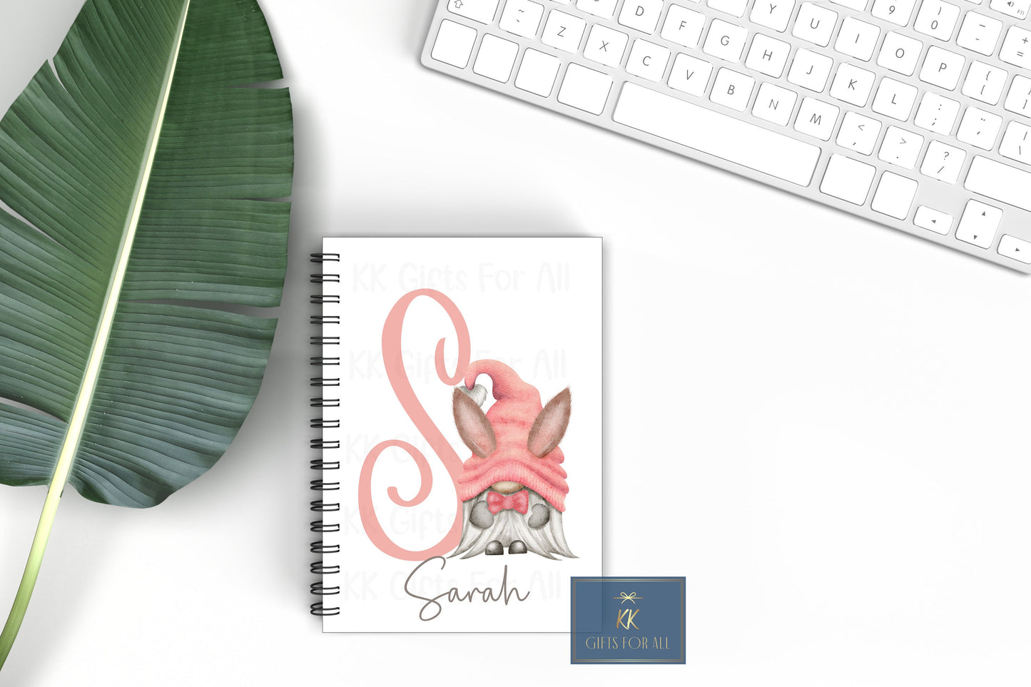Personalised Gnome Notebook, Gift For Mum Or Friend, Birthday Gift For Her, Personalised Notepad, A5 Lined Notes, Pink Grey Bunny Gonk Gnome