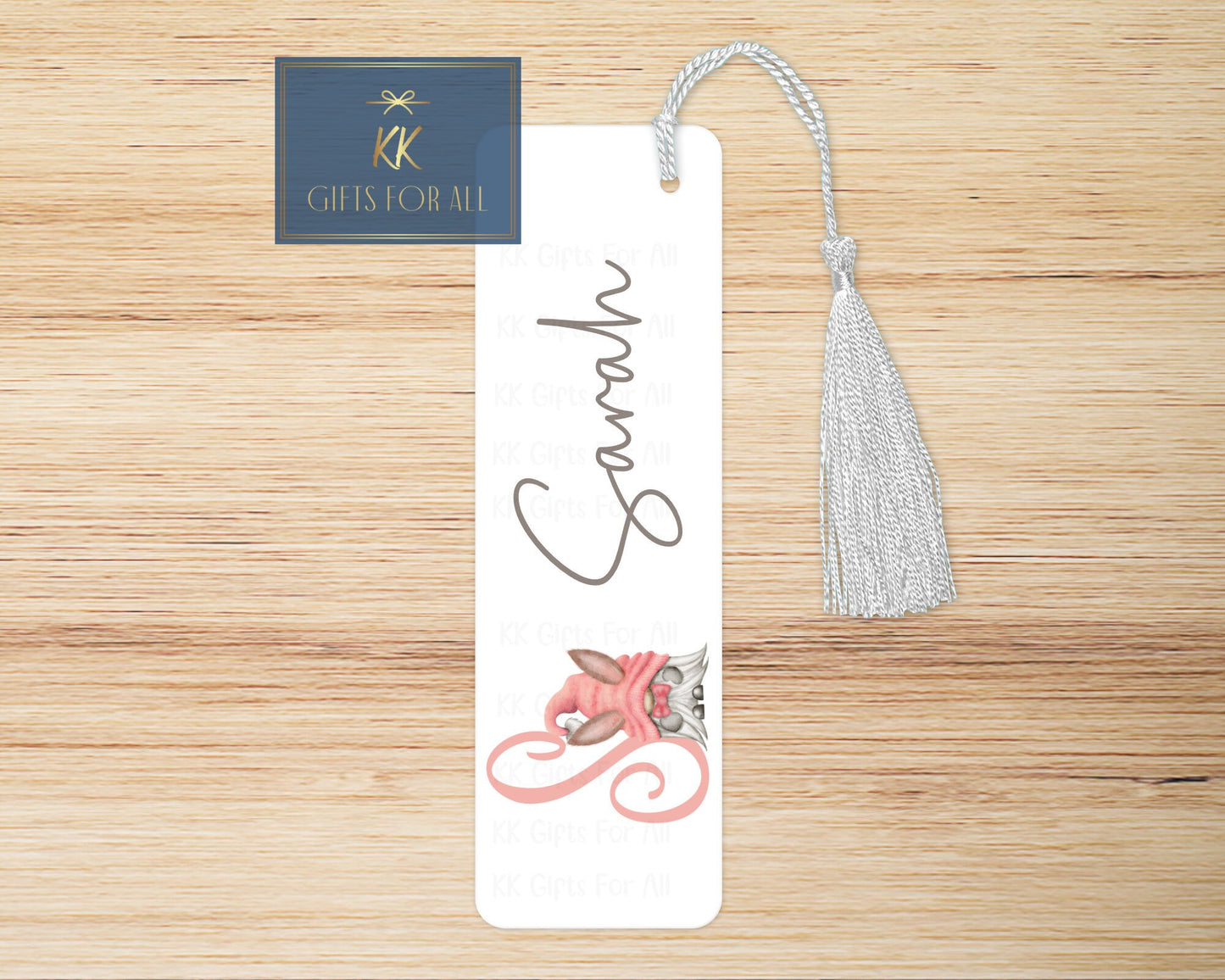 Pink Gnome Bookmark, Personalised Bookmark, Pink And Grey Gonk, Bunny Ears Cute Gnome, Custom Book Marker, Gifts For Her, Birthday Gift Idea