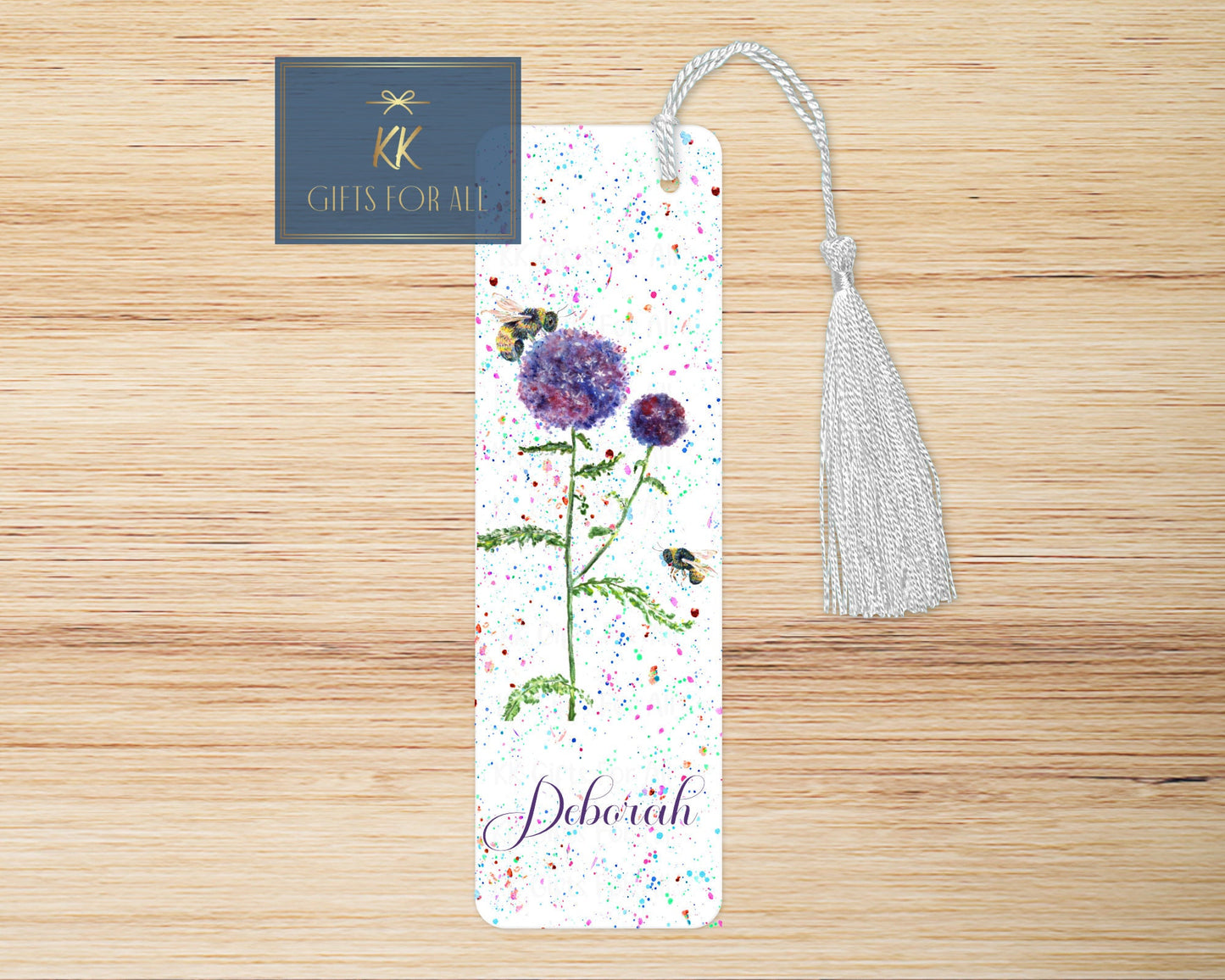 Personalised Bee Thistle Bookmark, Bee Aluminium Marker, Reading Lover Gift, Globe Thistle Flower And Bee