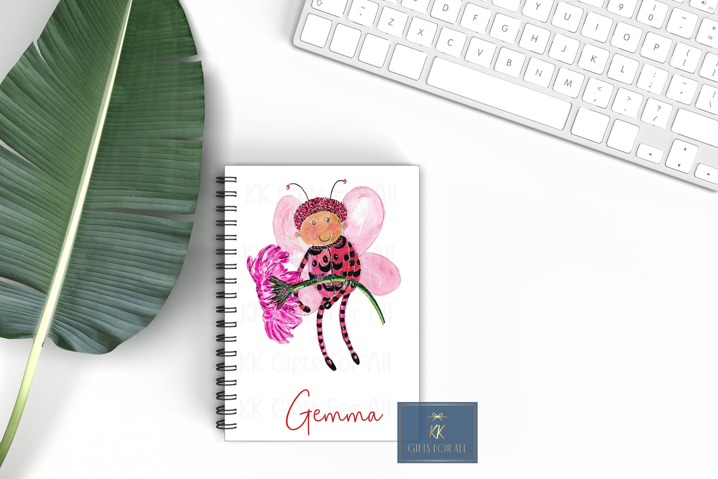 Cute Bug Personalised Notebook, Gift For Mum Or Friend, Birthday Gift For Her, Personalised Notepad Girl, A5 Notes, Pink Ladybug With Flower
