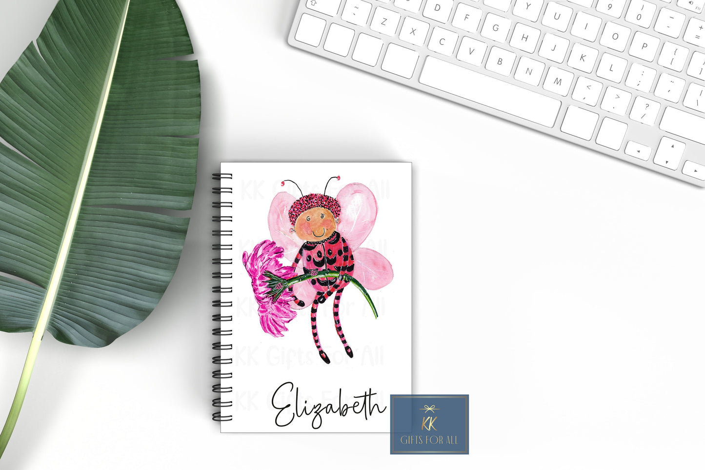 Cute Bug Personalised Notebook, Gift For Mum Or Friend, Birthday Gift For Her, Personalised Notepad Girl, A5 Notes, Pink Ladybug With Flower