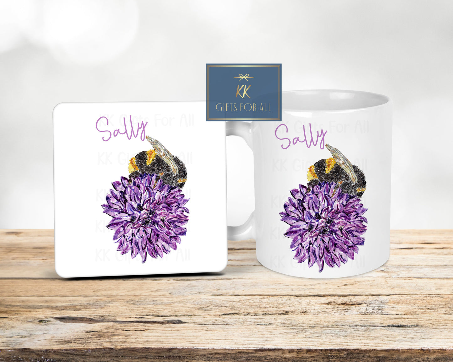 Personalised Bee Chive Mug & Coaster, Purple Chive Flower, Bumble Bee, Gardener Coffee Cup