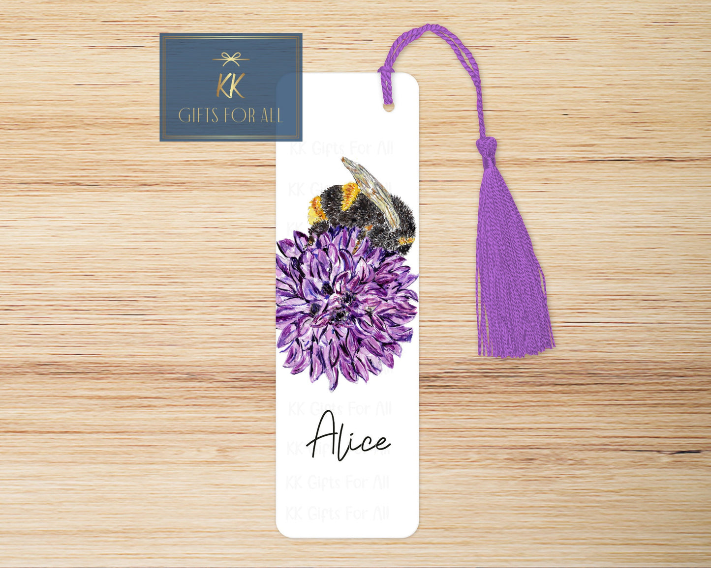 Personalised Bee Chive Bookmark, Purple Chive Flower Bumble Bee Book Mark, Large Metal Book Mark, Bee Name