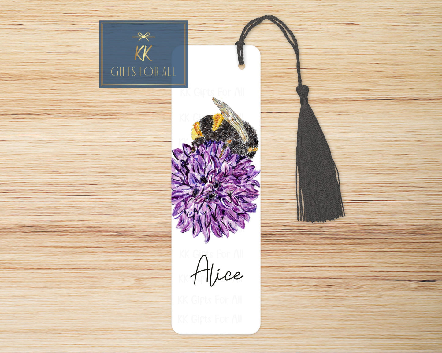 Personalised Bee Chive Bookmark, Purple Chive Flower Bumble Bee Book Mark, Large Metal Book Mark, Bee Name