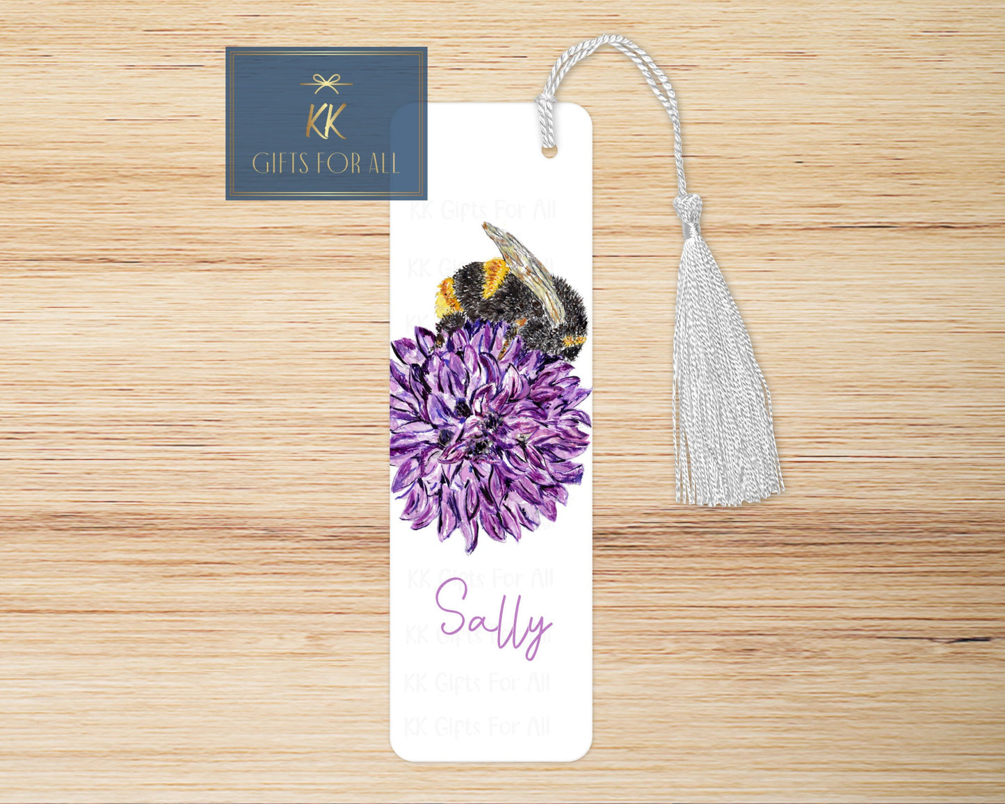 Personalised Bee Chive Bookmark, Purple Chive Flower Bumble Bee Book Mark, Large Metal Book Mark, Bee Name