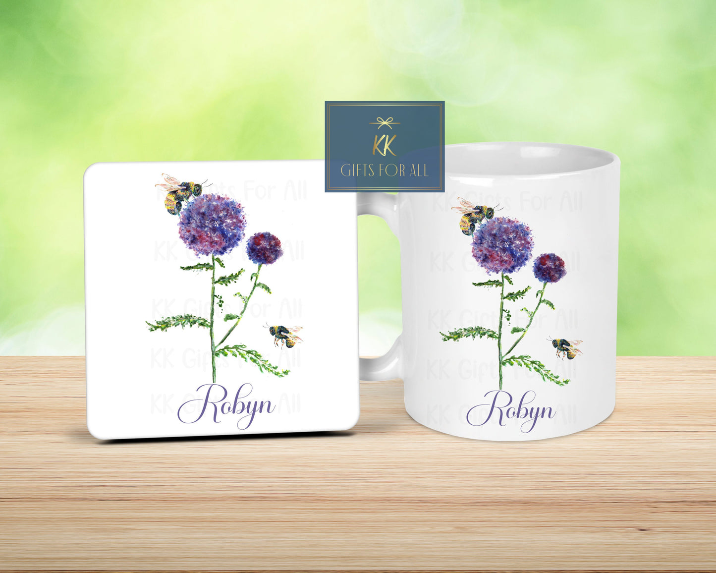Personalised Thistle Bee Mug & Coaster, Gardener Gift, Bee Lover Gift