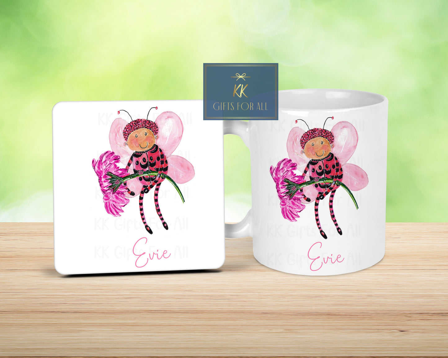 Lady Bug Personalised Mug & Coaster, Gifts For Young Girl, Bug Flower