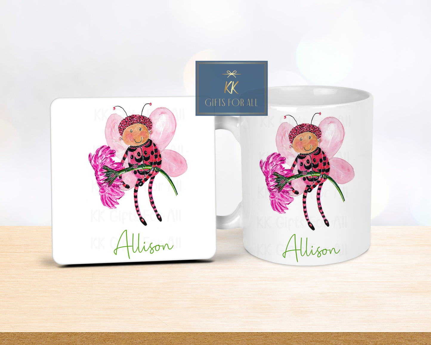 Lady Bug Personalised Mug & Coaster, Gifts For Young Girl, Bug Flower