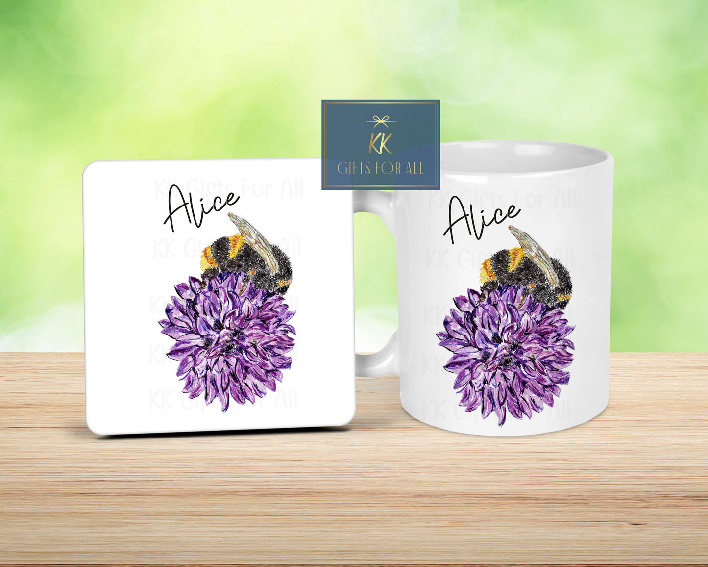 Personalised Bee Chive Mug & Coaster, Purple Chive Flower, Bumble Bee, Gardener Coffee Cup