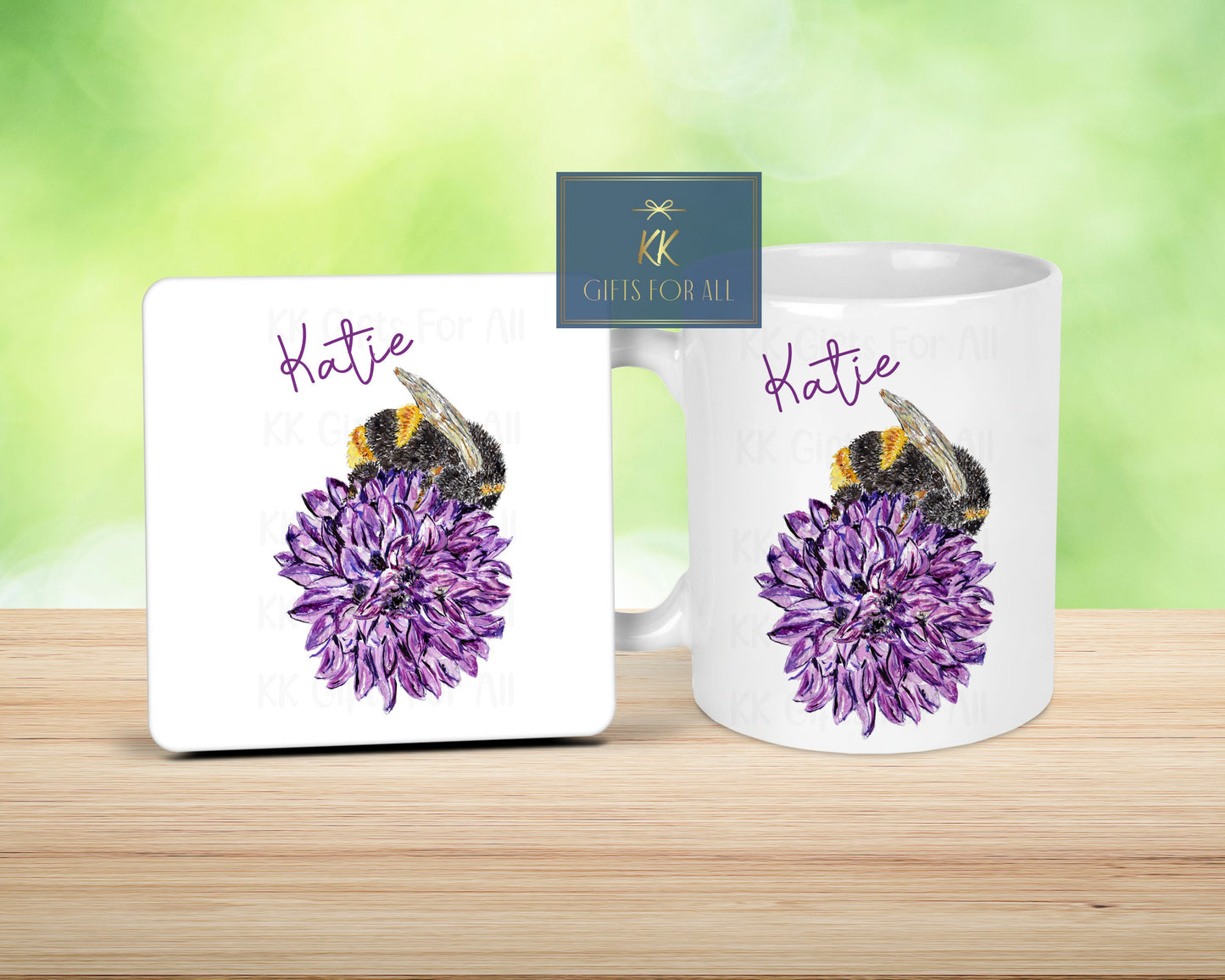 Personalised Bee Chive Mug & Coaster, Purple Chive Flower, Bumble Bee, Gardener Coffee Cup